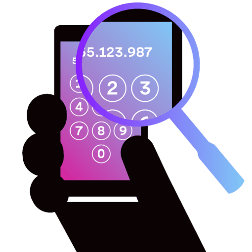 Illustration of a hand holding a cell phone. On the screen is the keypad and a phone number. A magnifying glass is magnifying a portion of the screen.